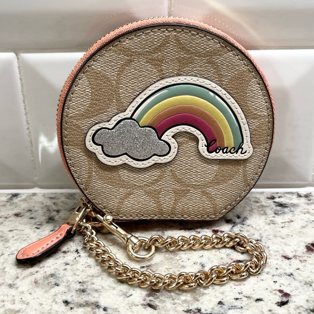 Coach Limited Edition Rainbow Zippered Coin Case with Chain EUC